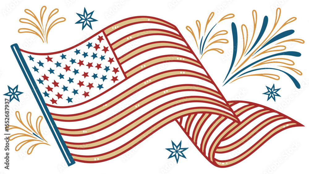 Fototapeta premium Fourth of July USA Flag Vector with Patriotic Red White and Blue Theme