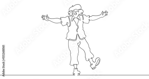 Continuous one line drawing circus clown. A clown in a funny costume performs in a circus. Circus performance. One continuous line isolated minimal illustration.Not AI.