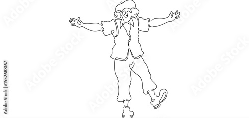 Continuous one line drawing circus clown. A clown in a funny costume performs in a circus. Circus performance. One continuous line isolated minimal illustration.Not AI.
