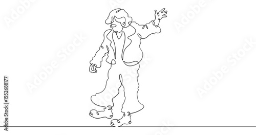 Continuous one line drawing circus clown. A clown in a funny costume performs in a circus. Circus performance. One continuous line isolated minimal illustration.Not AI.