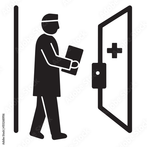 A doctor approaching a hospital room door with a medical chart in a simple black and white illustration