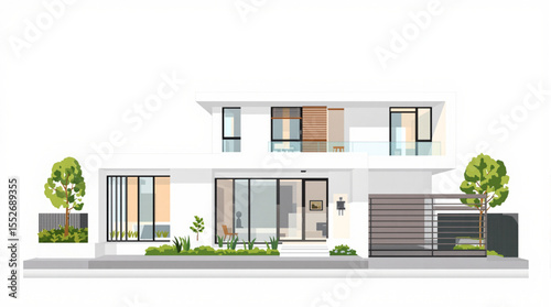 Modern two-story house architectural rendering, showcasing clean lines, large windows, and a minimalist design.