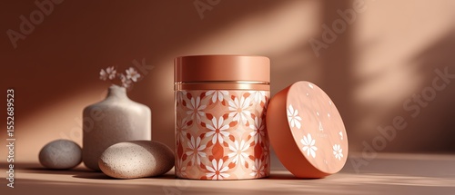 Elegant Floral Jar Container with Decorative Stones and Soft Lighting