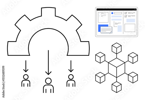 Gear distributing tasks to people, interface for workflow management, and interconnected cubes. Ideal for teamwork, process efficiency, organization, delegation, innovation, network simple flat