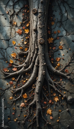 Enchanted tree grows upon old stone, its roots twisting and turning with fallen Autumn leaves at Dusk