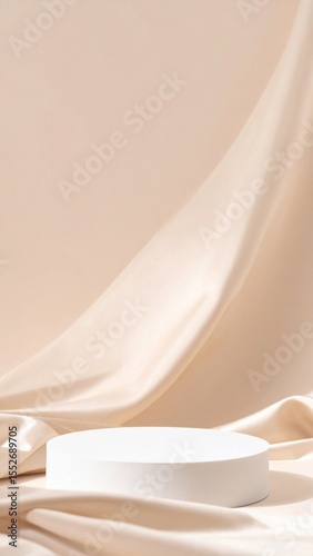 White Podium on Beige Silk Fabric Background