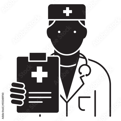 Black and white illustrated doctor holding medical chart with cross symbol and stethoscope