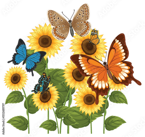 Vibrant Butterflies and Sunflowers Vector Illustration
