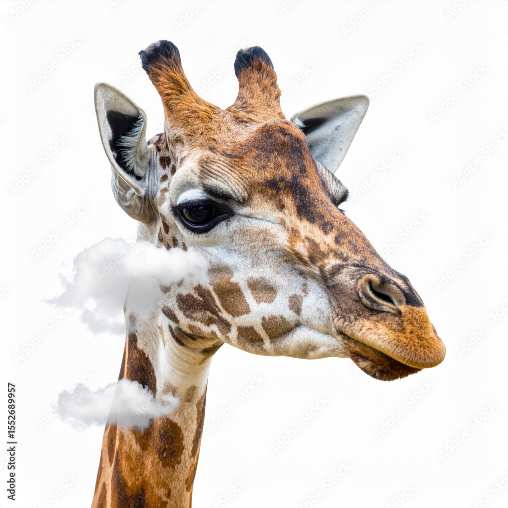 Obraz premium Giraffe Portrait with Clouds on White Background