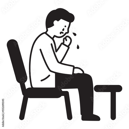 Black and white illustration of a person sitting with a cold or illness.