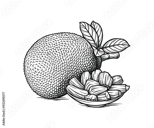 Detailed Jackfruit Illustration with Pulp and Leafy Branch