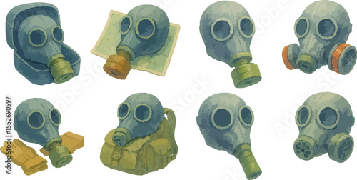 Watercolor Gas Mask Illustrations for War and Survival Colorful Loose Style Tactical Respirators and Emergency Protection Gear | Generative AI