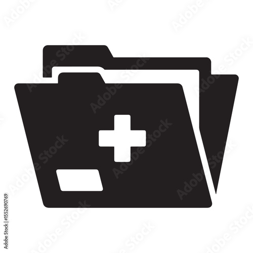 Black and white medical record folder icon with a plus sign for healthcare files