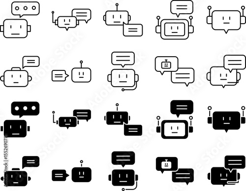 Minimalist Chat Bot Icons – AI Assistant and Customer Support Vector Set