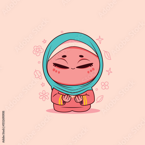 Cute hijab girl in prayer pose with floral accents