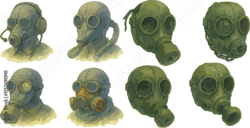 Watercolor Gas Mask Illustrations for War and Survival Colorful Loose Style Tactical Respirators and Emergency Protection Gear | Generative AI