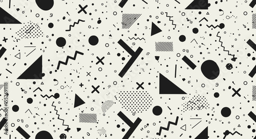 Abstract seamless pattern with geometric shapes in black and white retro style