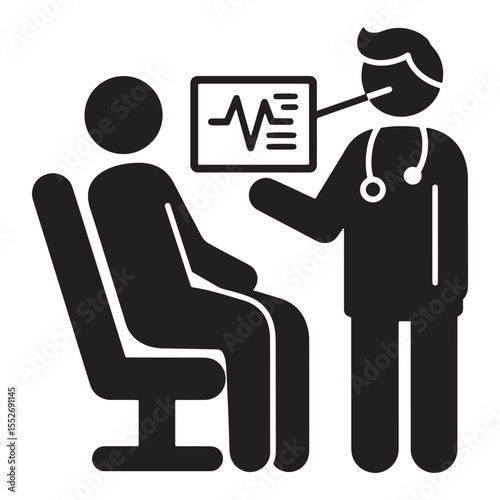 Black and white vector illustration depicting a medical doctor examining a patient's vital signs