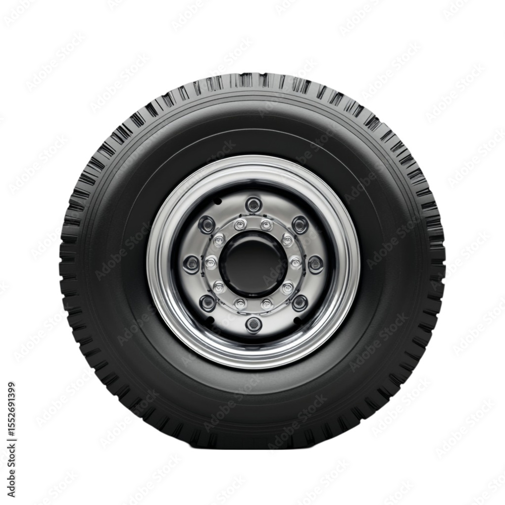 Obraz premium Large truck tire and wheel close up view black tire silver wheel automotive part