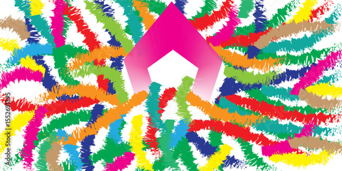Vibrant abstract pattern with colorful jagged brush strokes and a central magenta pentagon shape. Ideal for creative backgrounds. Colorful, Abstract, Brush, Vibrant, Shape