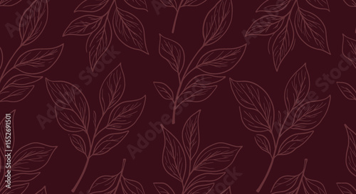 Elegant botanical pattern with maroon background and delicate leaf illustrations