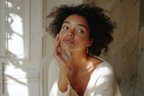Woman applies moisturizer cream to her hands, incorporating skincare into her daily routine to nourish and hydrate skin, promoting a healthy glow., Generative AI