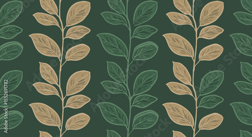 Seamless botanical pattern of stylized leaves and branches on green backdrop