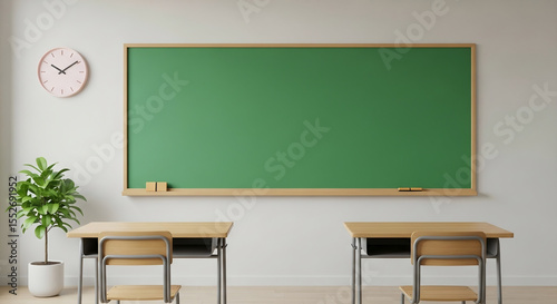 Empty Classroom With Green Blackboard And Desks