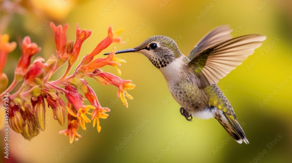Obraz premium A hovering hummingbird approaches a flower to collect nectar from it