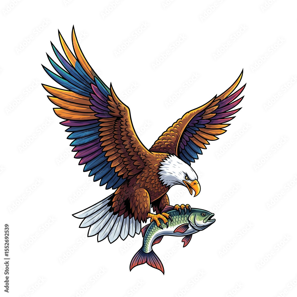 Fototapeta premium Majestic eagle flying with a fish in its talons, dynamic wildlife capture. Bird.