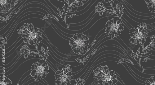 Elegant floral line art pattern with delicate white flowers on a dark gray background