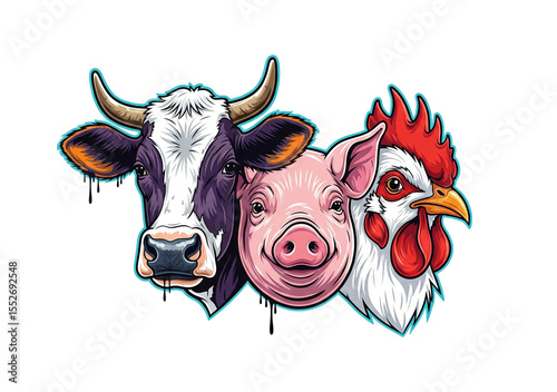 Vibrant cow, pig, and chicken heads, perfect for farm and food themes. Animals.