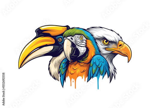 Exotic hornbill, parrot, and eagle heads, showcasing diverse birdlife. Birds, Wildlife Animals.