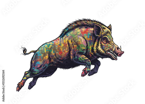 Vibrantly colored wild boar in mid-run, an explosion of energy, Wildlife Animals.