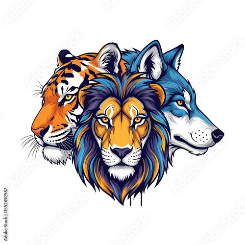 Striking tiger, lion, and wolf heads, symbolizing strength and wild nature. Wildlife Animals.