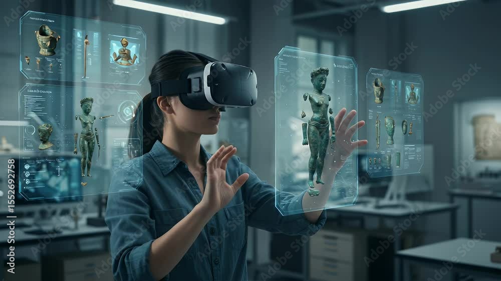 A person wearing VR headset interacts with holographic images of ancient artifacts A person wearing VR headset interacts with holographic images of ancient artifacts