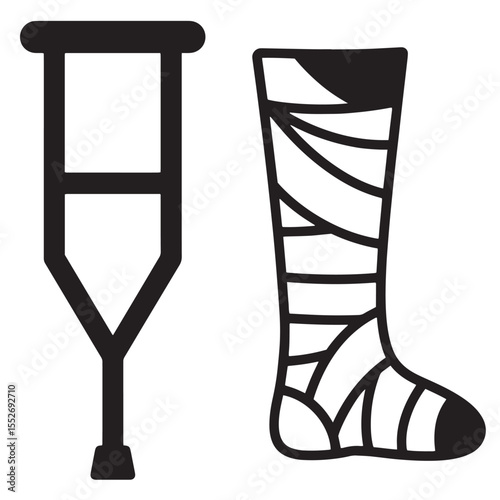 Iconographic representation of a crutch and a leg in a bandage for medical illustrations