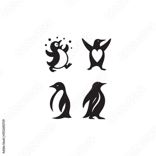 Four penguin silhouettes displayed in a square arrangement on a white background art