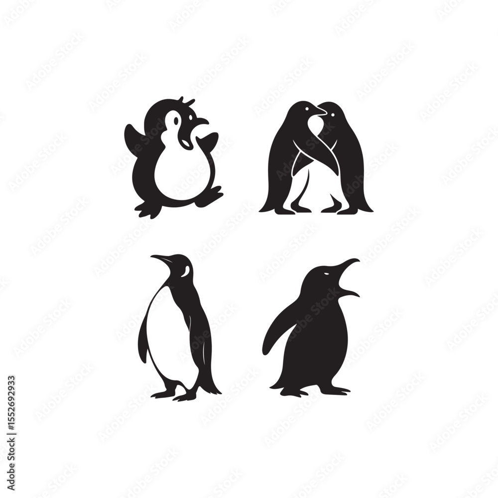 Naklejka premium Four penguin illustrations in black and white showing different poses and expressions on white
