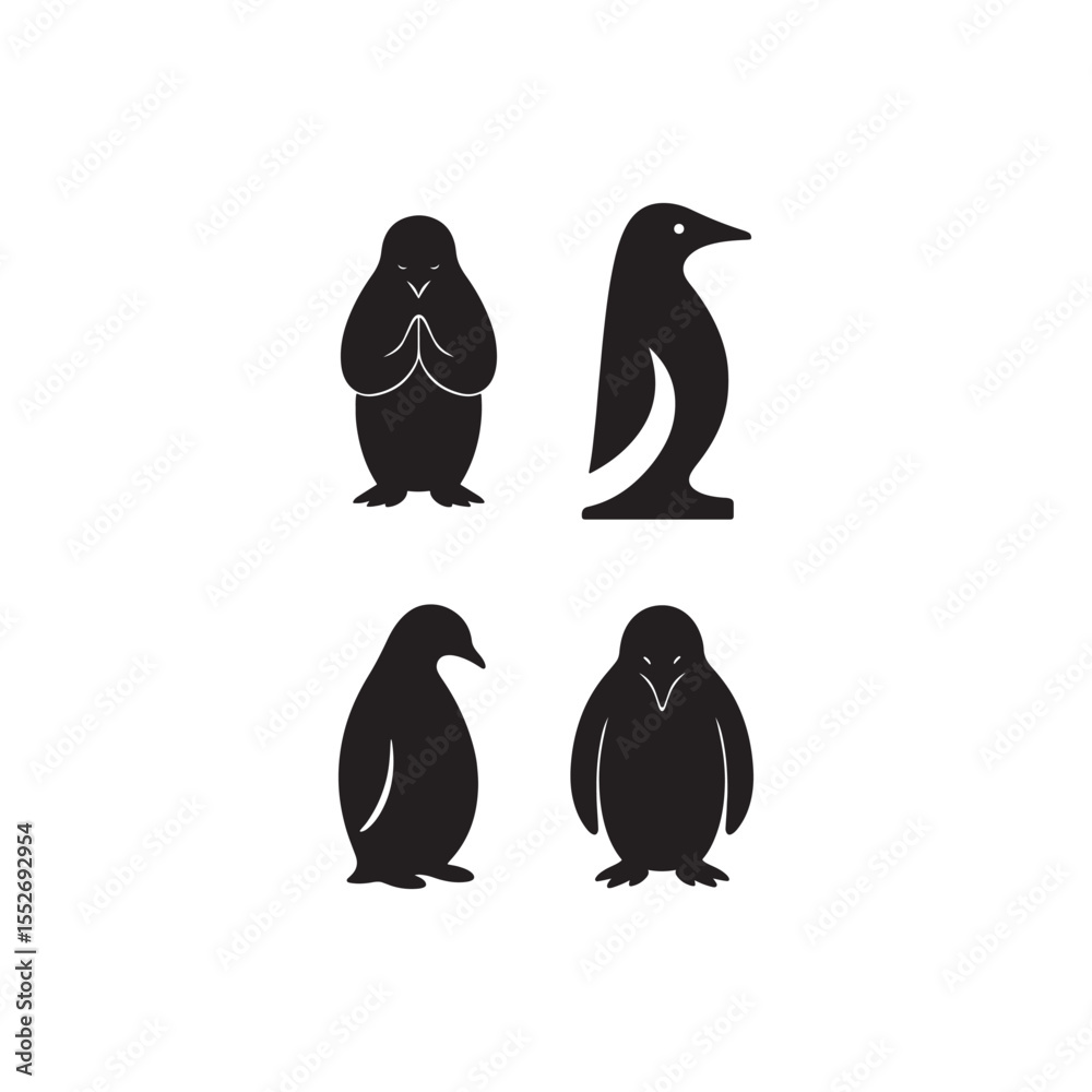 Naklejka premium Four penguin silhouettes in various poses on a white background in a vector format