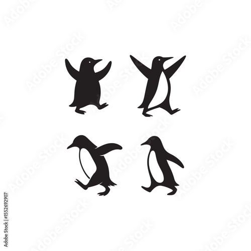 Four penguin silhouettes in various poses on a white background displaying simple designs