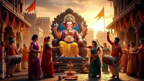 Ganesh Chaturthi Festival Celebration with Devotees Offering Aarti to Lord Ganesha Idol in Traditional Attire and Temple Decor During Sunset, Animated, Animation Motion Graphic Video 