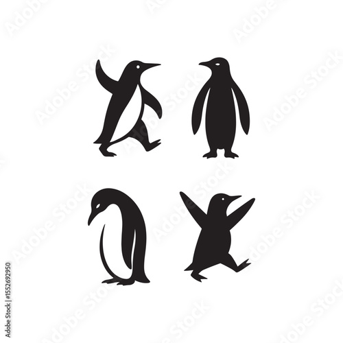 Four penguin silhouettes in various poses on a white background in a square format