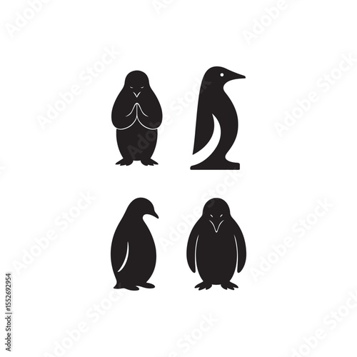Four penguin silhouettes in various poses on a white background in a vector format