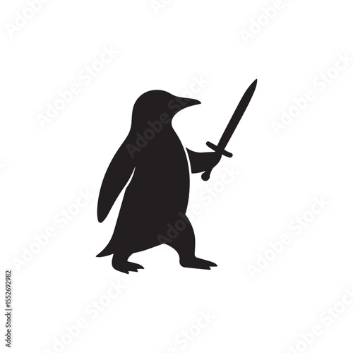 A black silhouette of a penguin holding a sword on a white background illustration