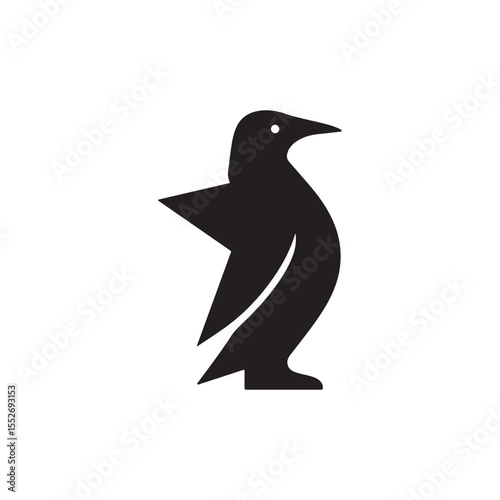 A black and white minimalist penguin logo with a star shaped wing on a white background