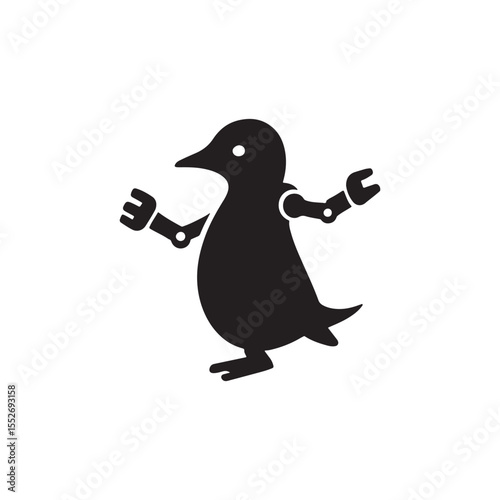 A black silhouette of a penguin with mechanical arms on a white background design art
