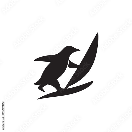 A black silhouette of a penguin windsurfing on a white background in simple style