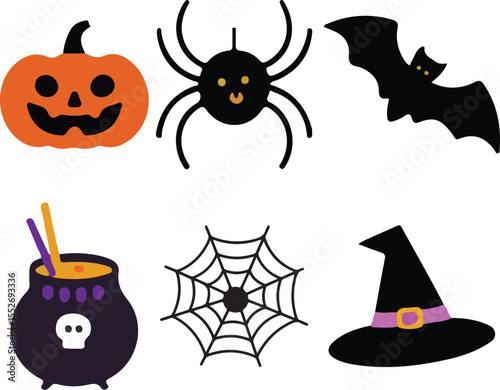 Halloween Essentials Clipart - Spooky Pumpkin, Bat And Witch Hat Graphics.
