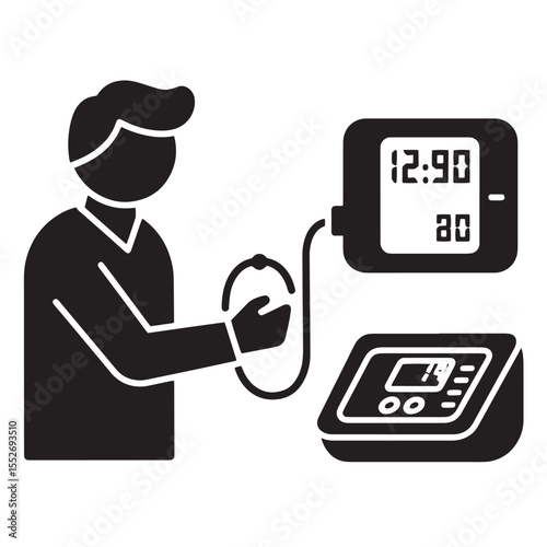 Medical professional monitoring health with blood pressure monitor icon illustration
